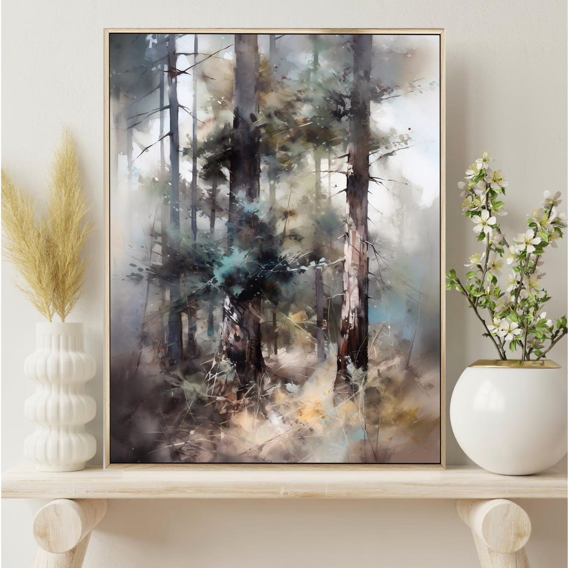 Misty Dark Pine Forest Tall Trunks Soft Fog Watercolor Woodland Poster - Image 5