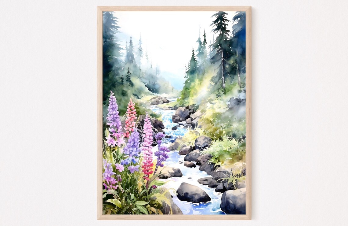 Forest Stream Pink Lupines Rocky Cascades Watercolor Art Poster