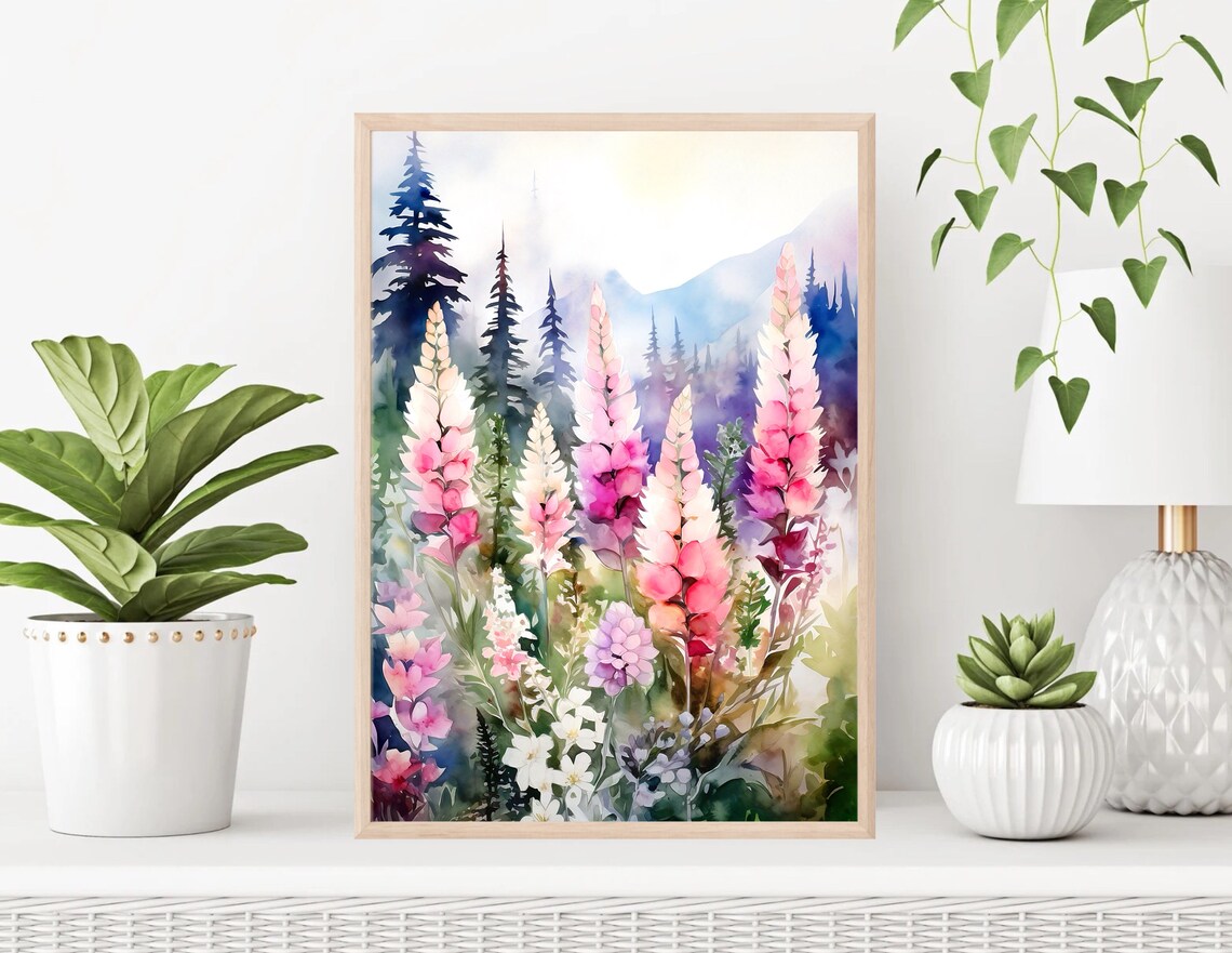 Pink Lupines Wildflowers Mountain Forest Watercolor Landscape Poster - Image 3