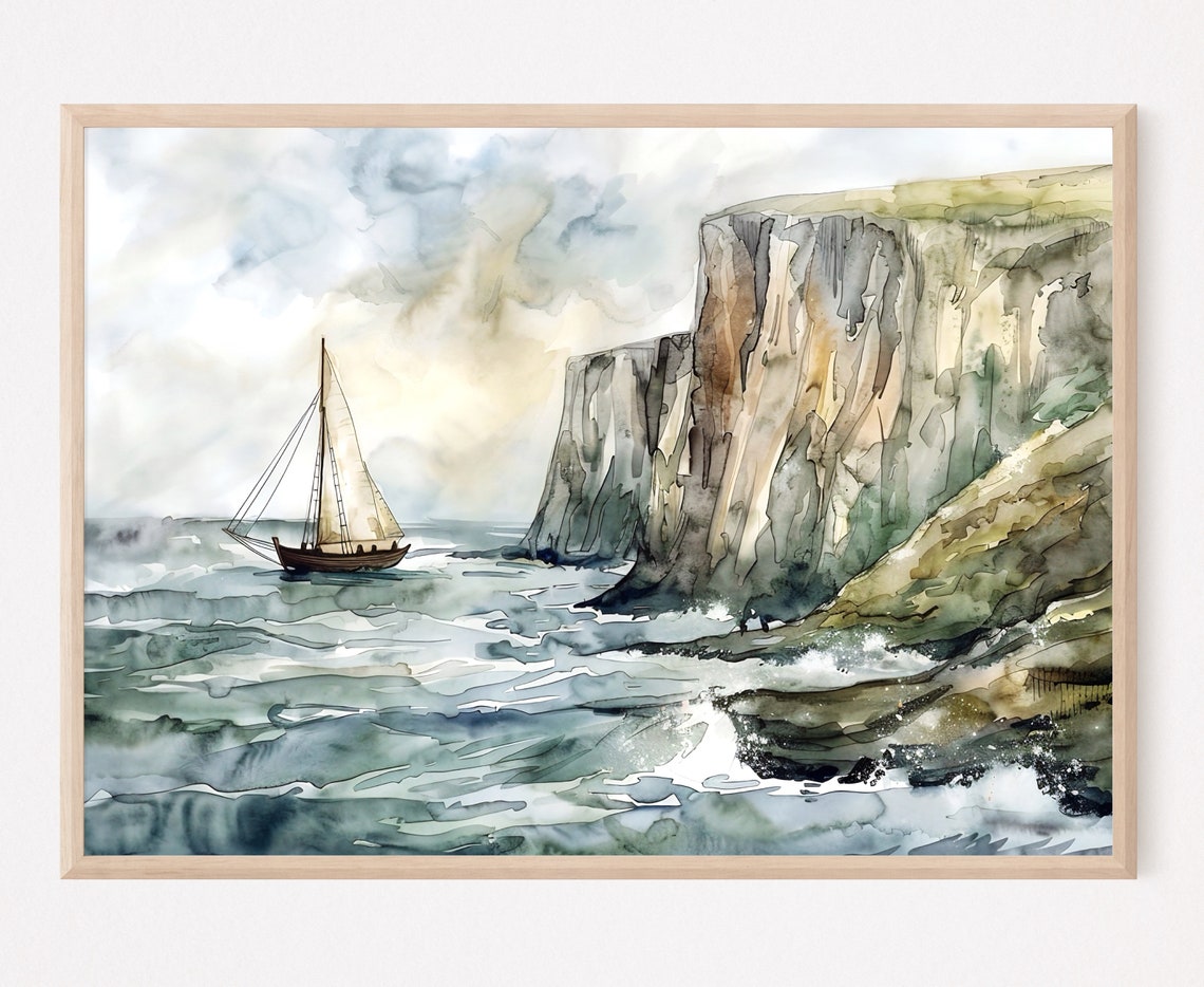 Sailboat By Tall Sea Cliffs Gray Waves Watercolor Nautical Poster