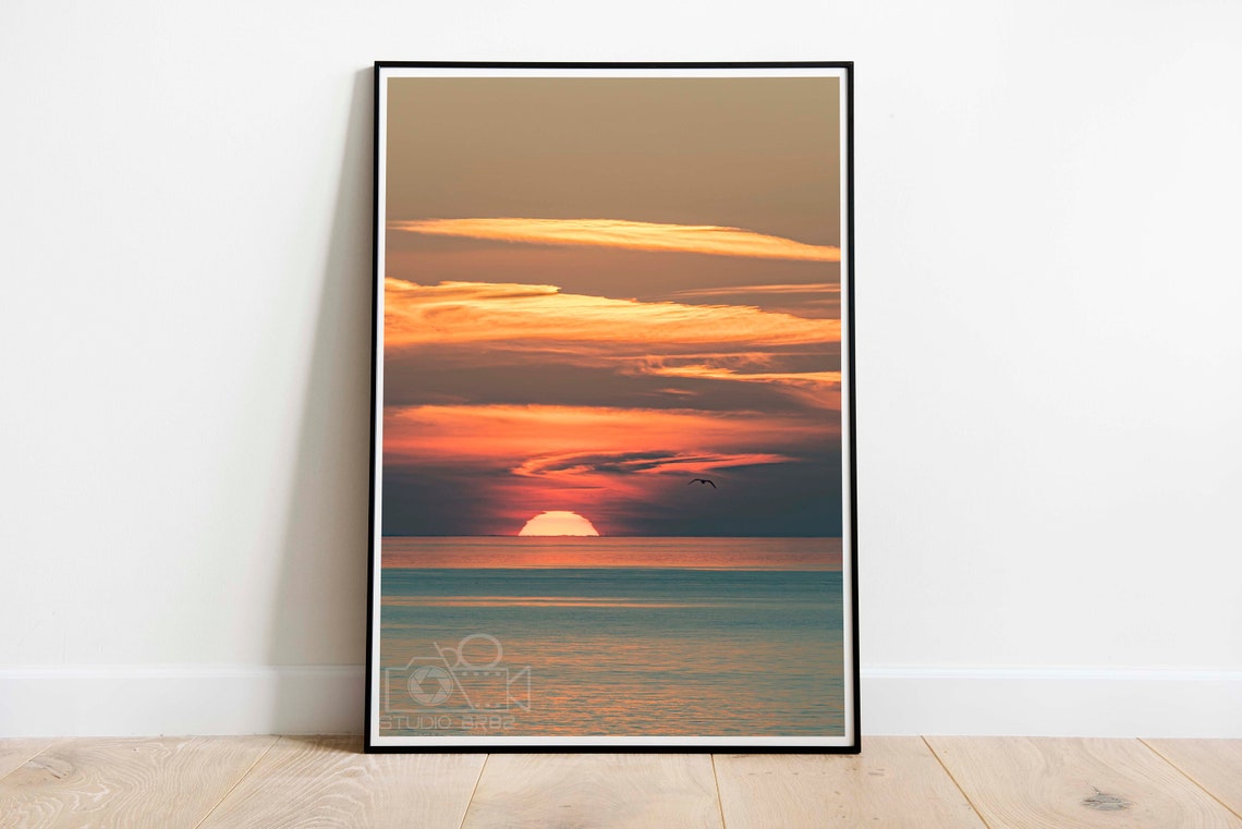Dramatic Orange Sunset Over Ocean Waves Seabird Silhouette Poster