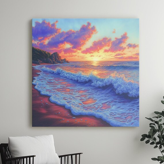 Sunset Waves Shoreline Magic Colorful Ocean Scene Canvas Print Vibrant Blues Warm Sky Colored Pencil Drawing Coastal Beach Wall Art