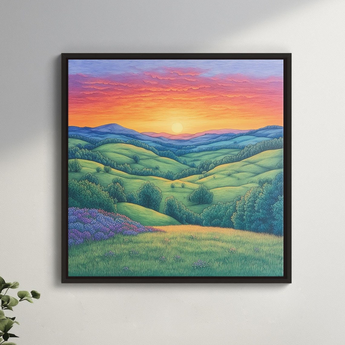 Rolling Green Hills Sunset Colorful Landscape Painting Poster