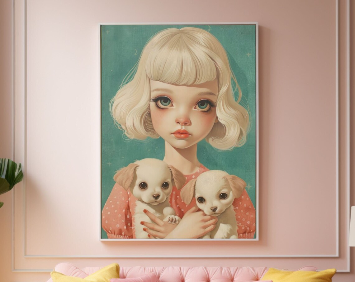 Cute Girl With Puppies Illustration Girl Wall Art Dogs Print Puppies Wall Art Poster