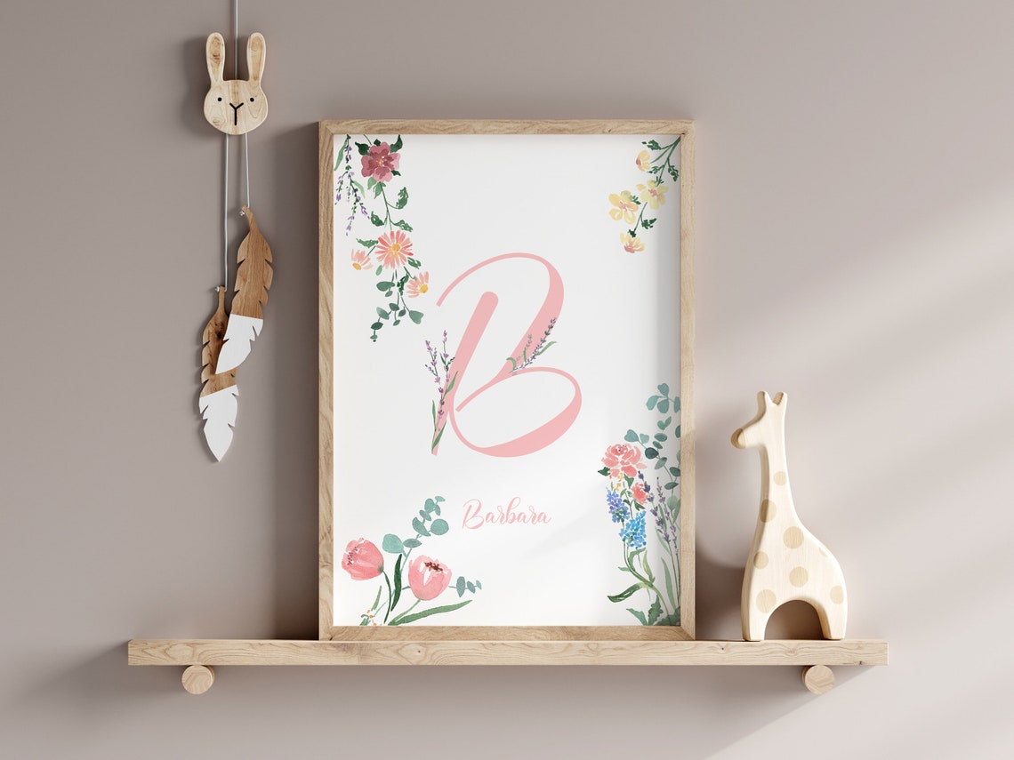 Personalized Floral Initial Name Nursery Watercolor Art Print - Image 3