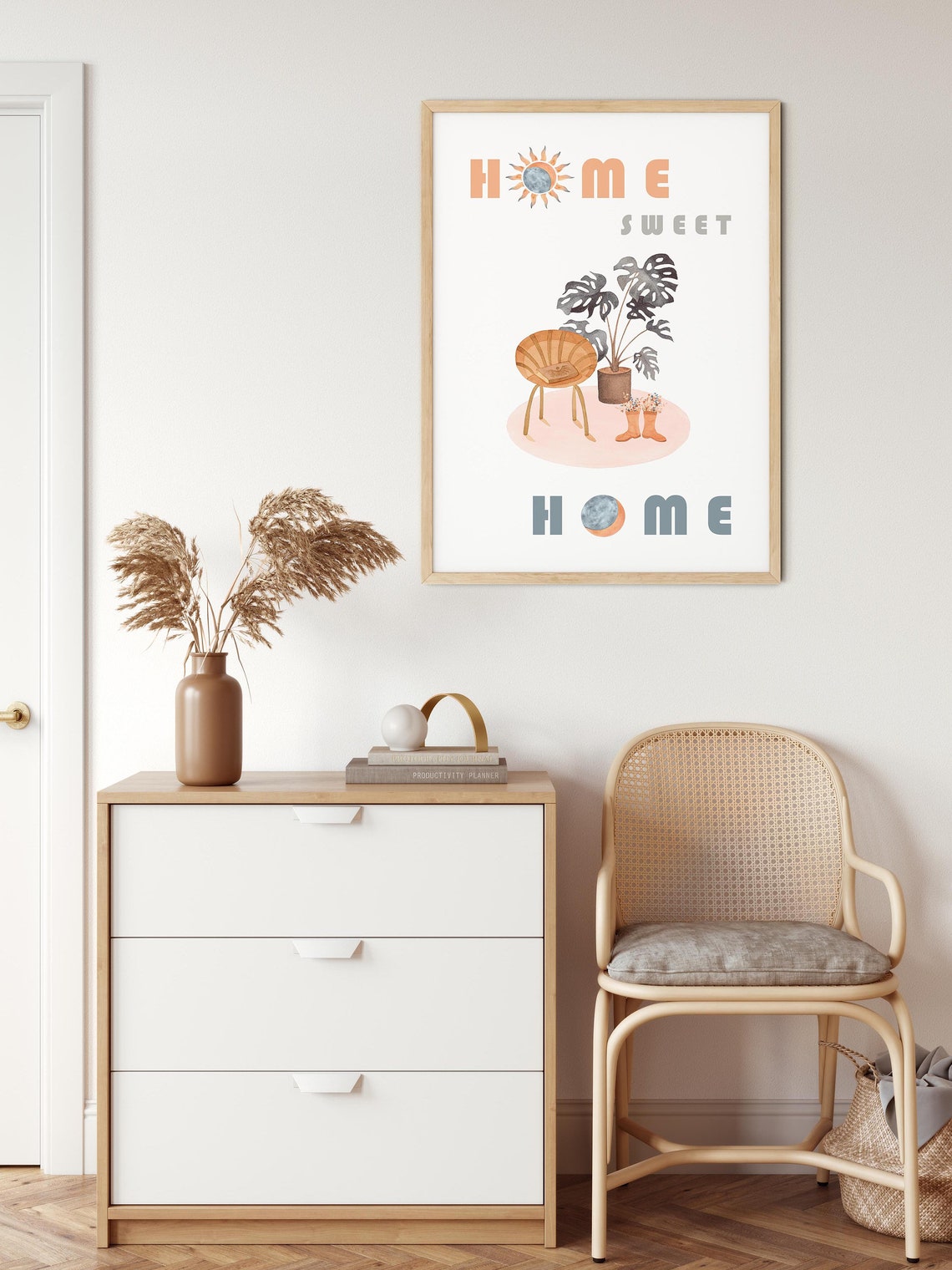 Home Sweet Home Poster with Rattan Chair and Monstera Plant Decor - Image 2