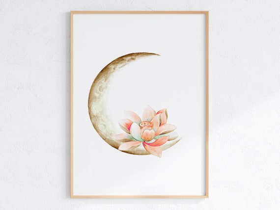 Crescent Moon With Lotus Flower Watercolor Moon Artwork Zen Meditation Poster Boho Yoga Print