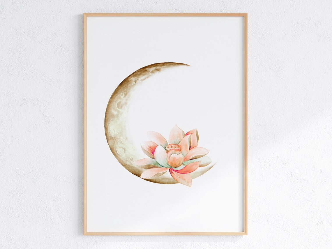 Crescent Moon and Pink Lotus Watercolor Celestial Botanical Poster