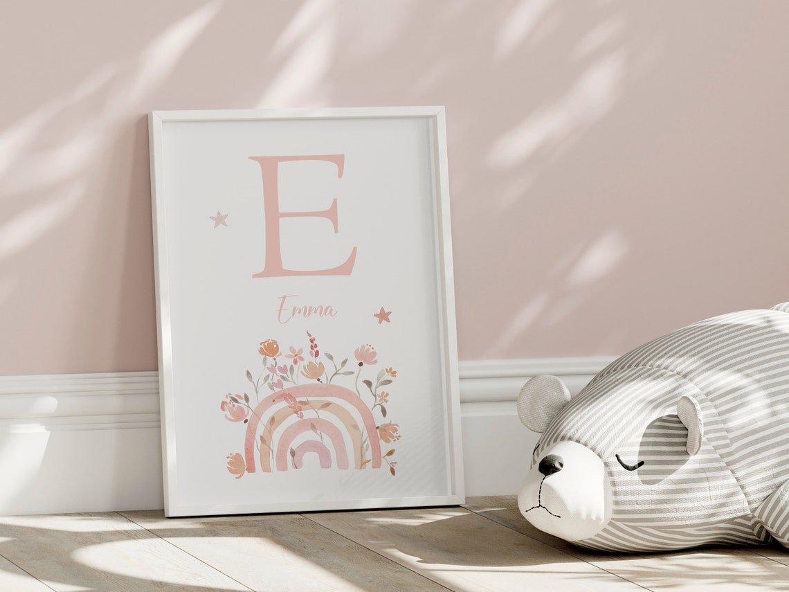 Personalized Initial Boho Rainbow Nursery Watercolor Floral Poster - Image 3