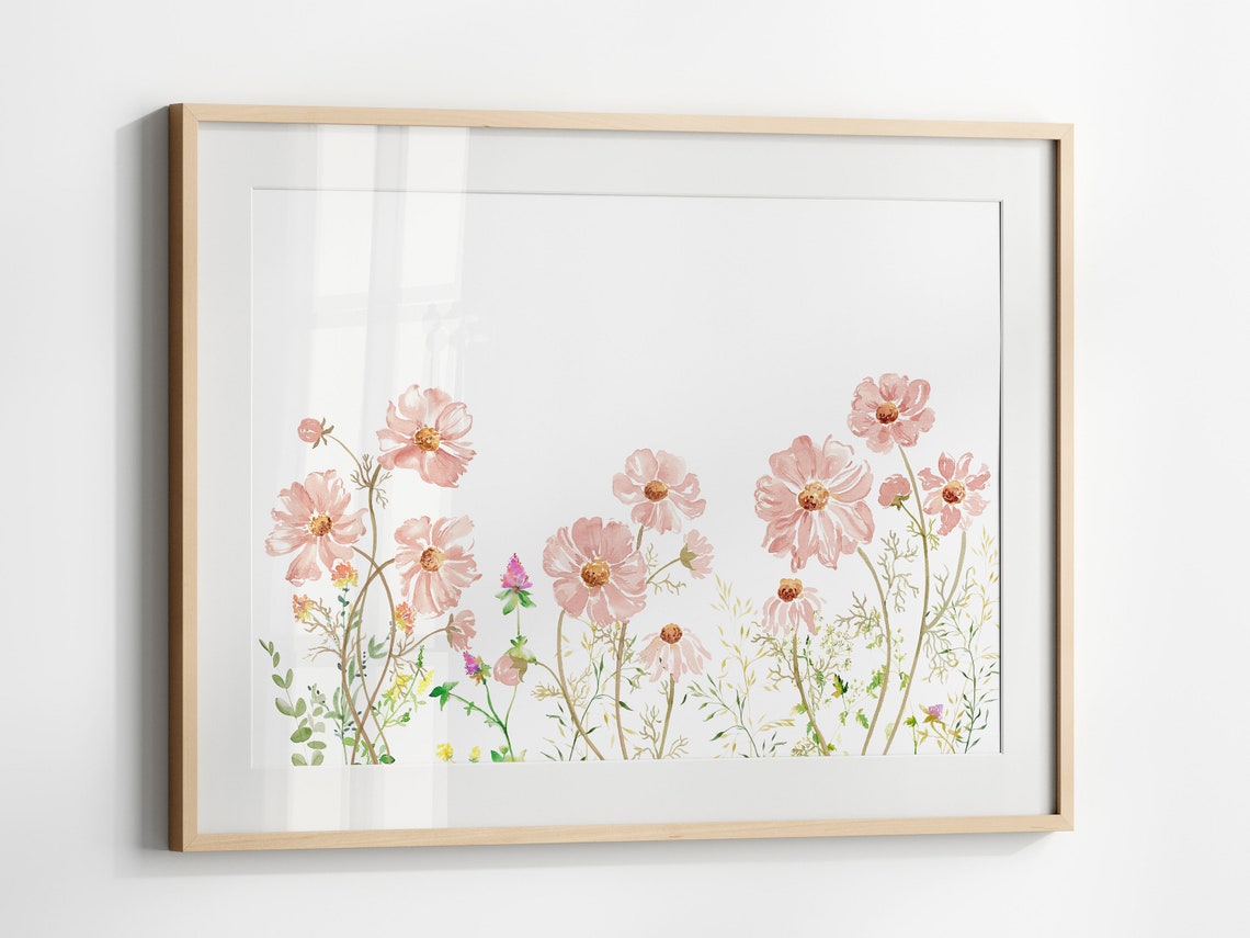 Blush Pink Cosmos Wildflowers Horizontal Watercolor Art Print