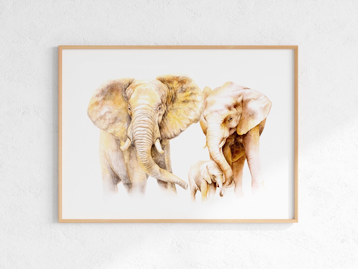 Elephant Family Poster Watercolor Two Adults and Calf in Soft Gold Tones - Image 2