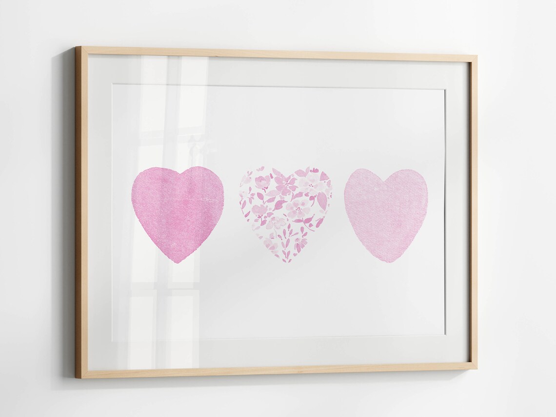 Three Pink Watercolor Floral Hearts Girl Nursery Wall Decor Poster - Image 3