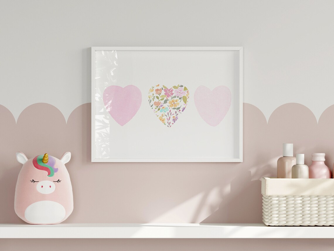 Three Pink Hearts Watercolor Poster, Little Girl Decor - Image 2