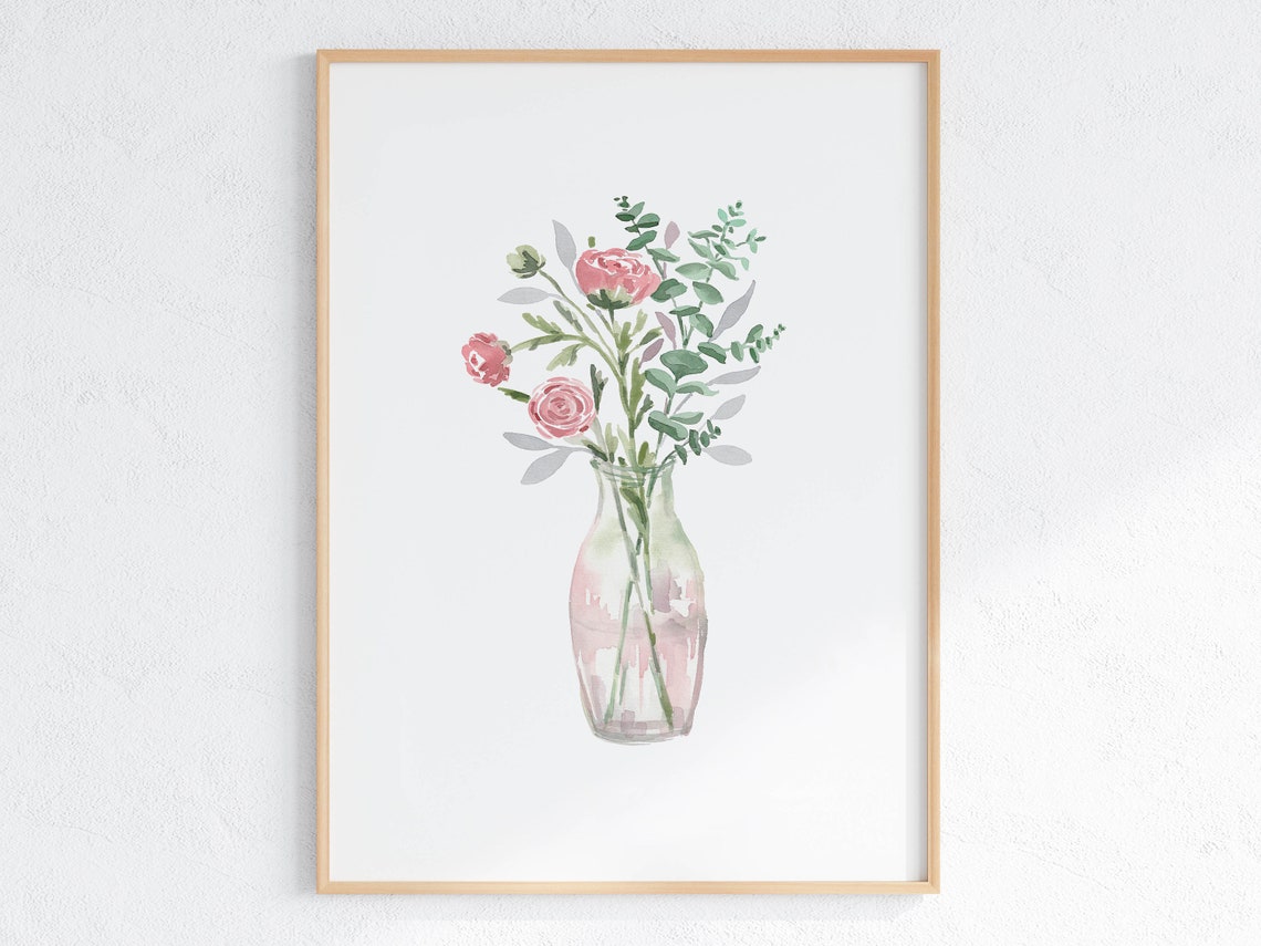Pink Roses in Blush Vase Eucalyptus Watercolor Floral Poster