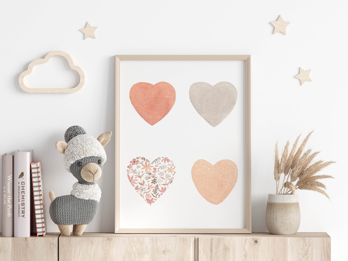 Four Boho Watercolor Hearts with Floral Pattern Nursery Poster - Image 2
