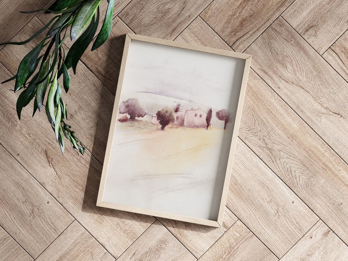Tuscany Italy Countryside Farmhouse Muted Watercolor Landscape Poster - Image 3