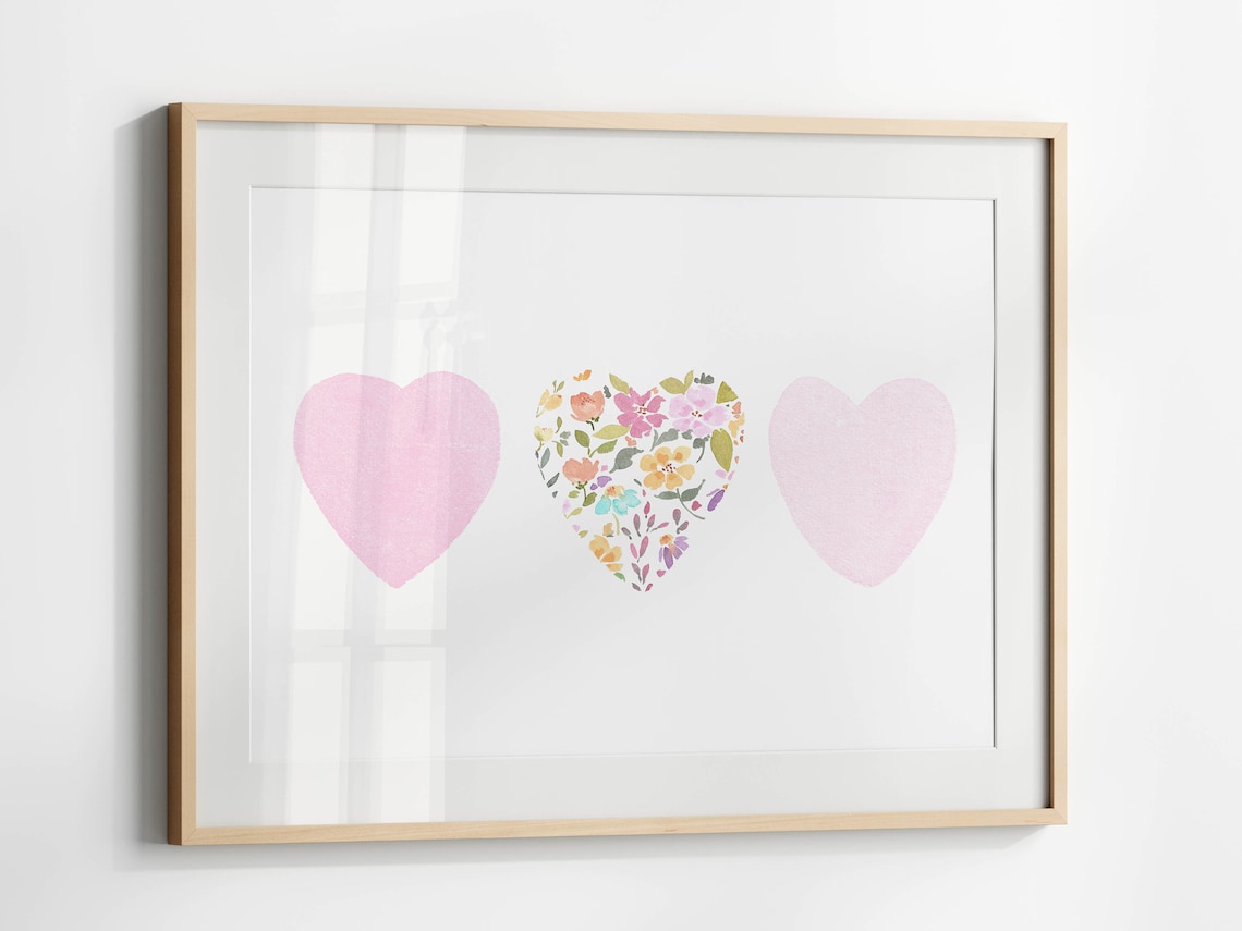 Three Pink Hearts Watercolor Poster, Little Girl Decor