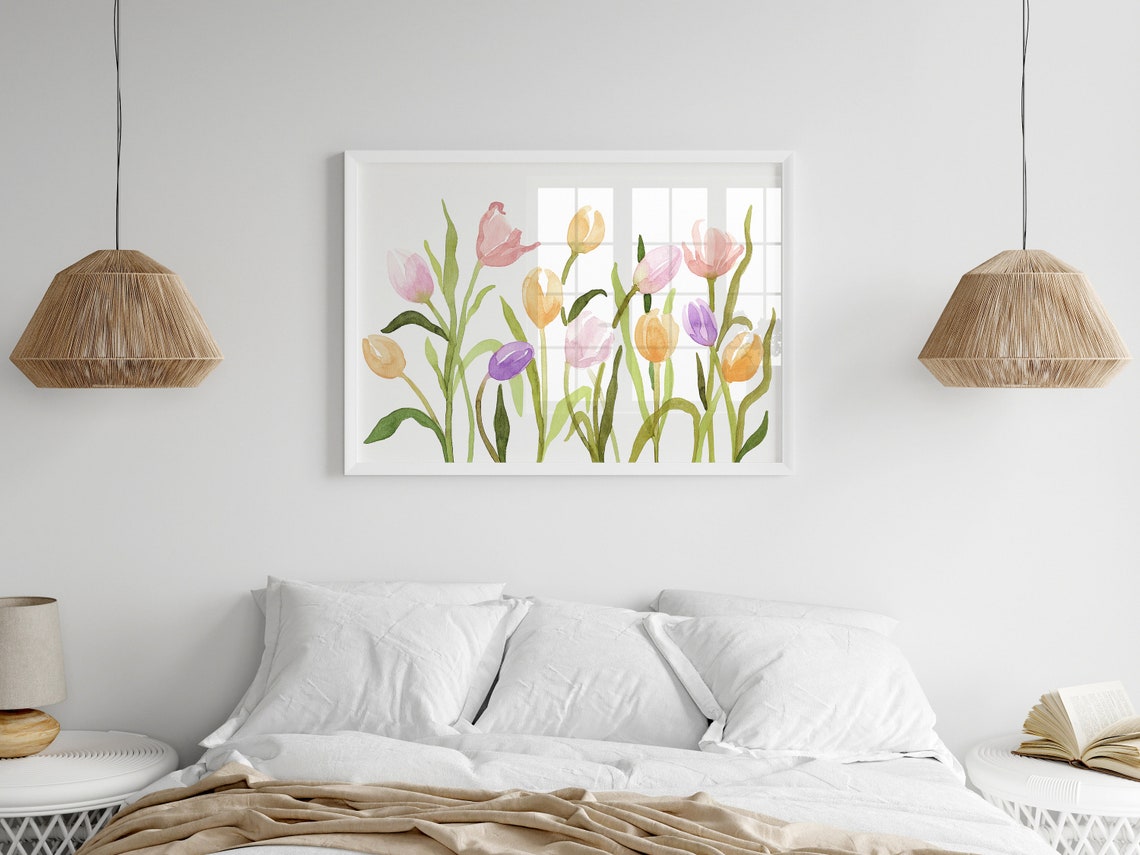 Pastel Tulip Meadow Row Watercolor Spring Horizontal Floral Poster - Image 2