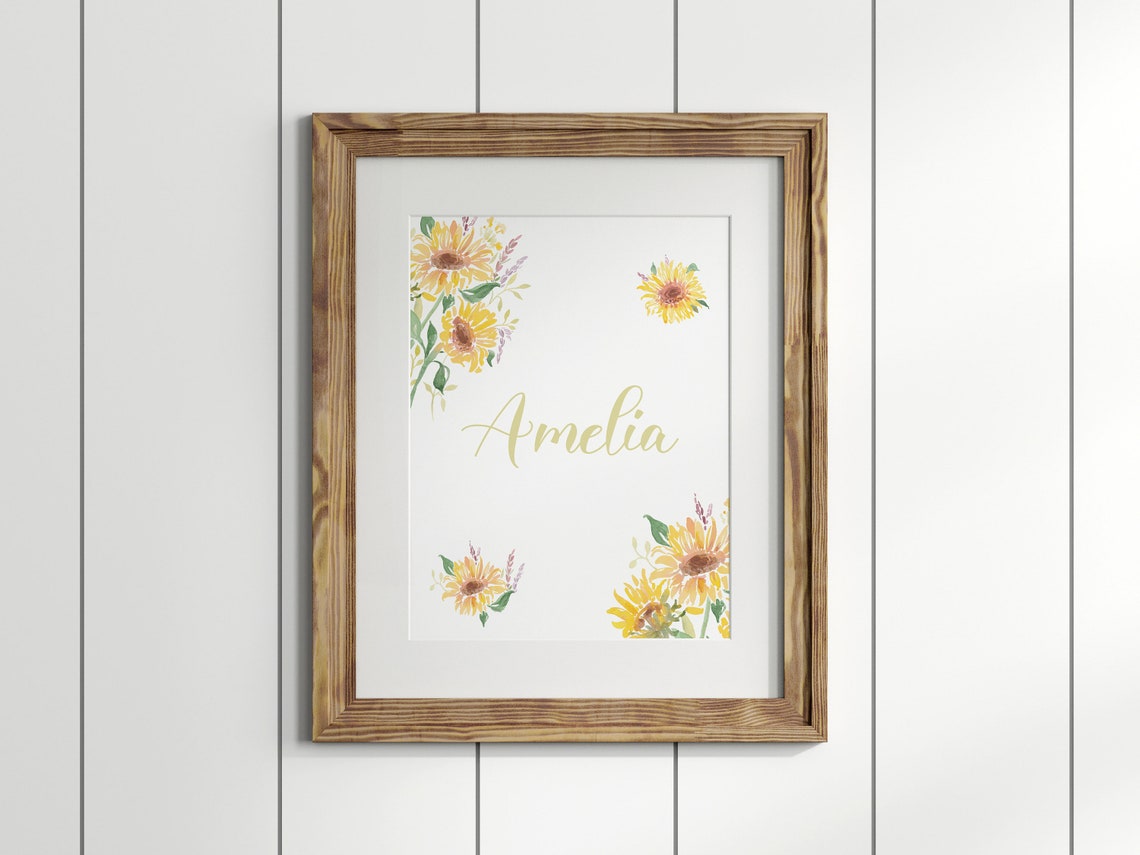 Personalized Sunflower Name Nursery Watercolor Floral Sign Poster - Image 2