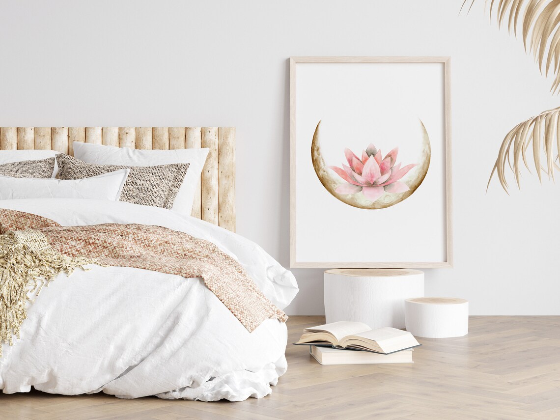 Lotus Flower and Moon Watercolor Art Print - Image 2