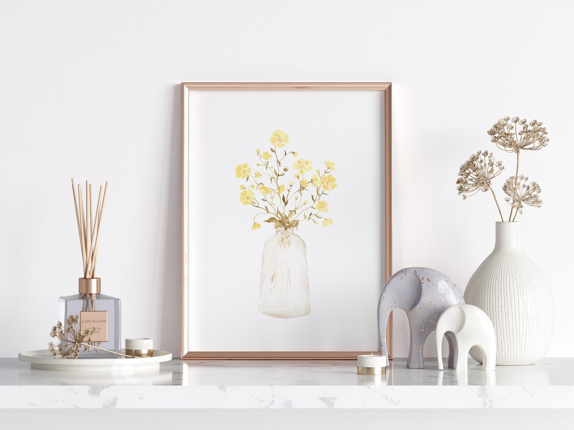 Yellow Buttercup Bouquet Glass Vase Minimalist Watercolor Poster - Image 2