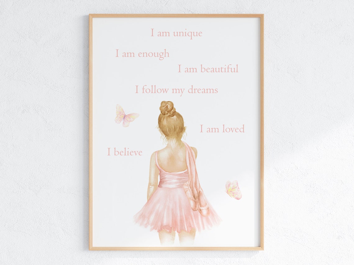 Ballerina Affirmations Poster for Girls in Pink Tutu and Butterflies
