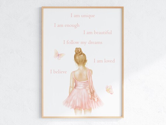 Ballerina Affirmations Poster for Girls in Pink Tutu and Butterflies