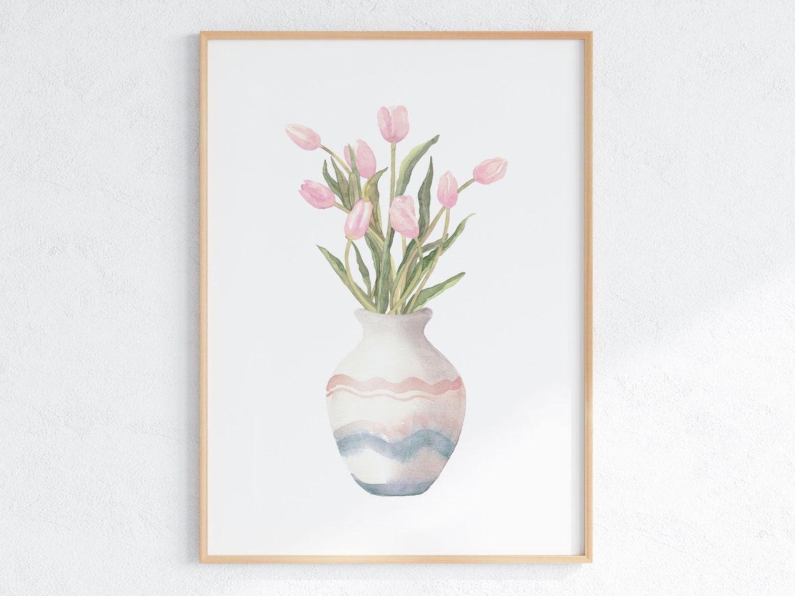 Pink Tulips Striped Ceramic Vase Watercolor Spring Blossom Poster