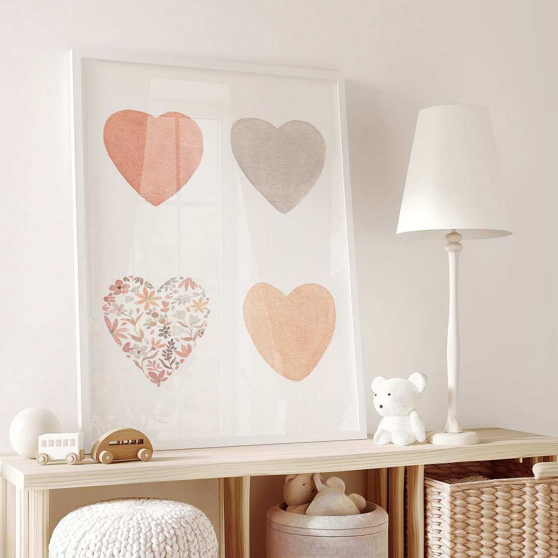 Four Boho Watercolor Hearts with Floral Pattern Nursery Poster