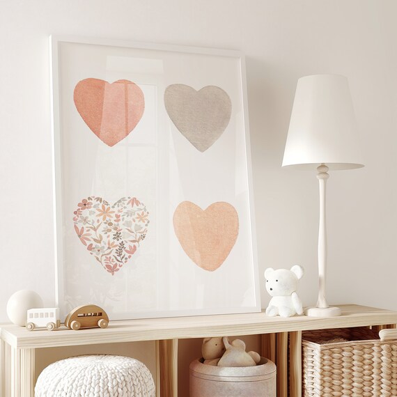Four Boho Watercolor Hearts with Floral Pattern Nursery Poster