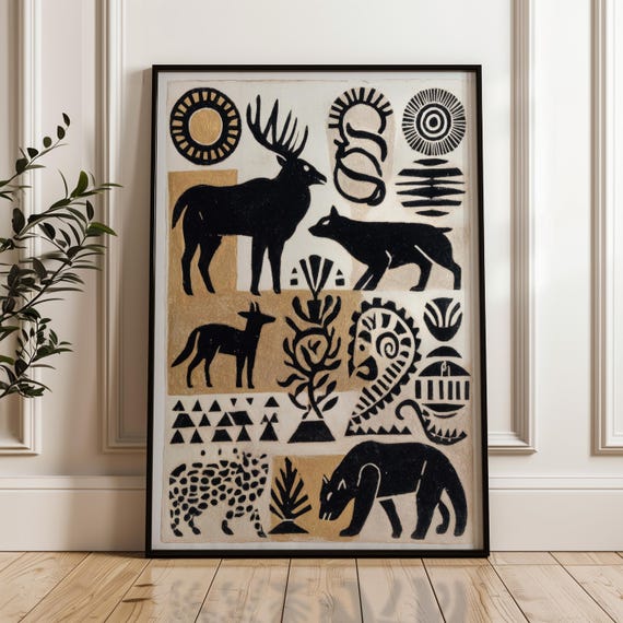 Stylized Animal Poster Black And Gold On Beige Abstract Geometric Folk Art Print