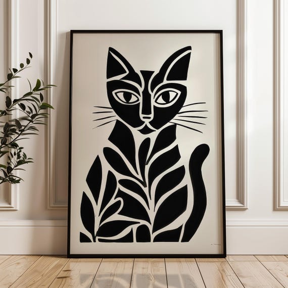 Minimalist Cat Poster Black And Beige Print Modern Organic Wall Art Scandinavian Home