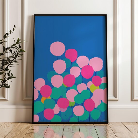 Minimal Round Blooms Pink Teal Blue Modern Pop Art Wall Print