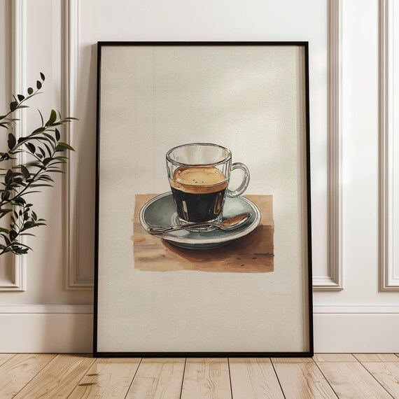 Espresso Glass Cup Saucer Hand Drawn Cafe Kitchen Art Poster Decor