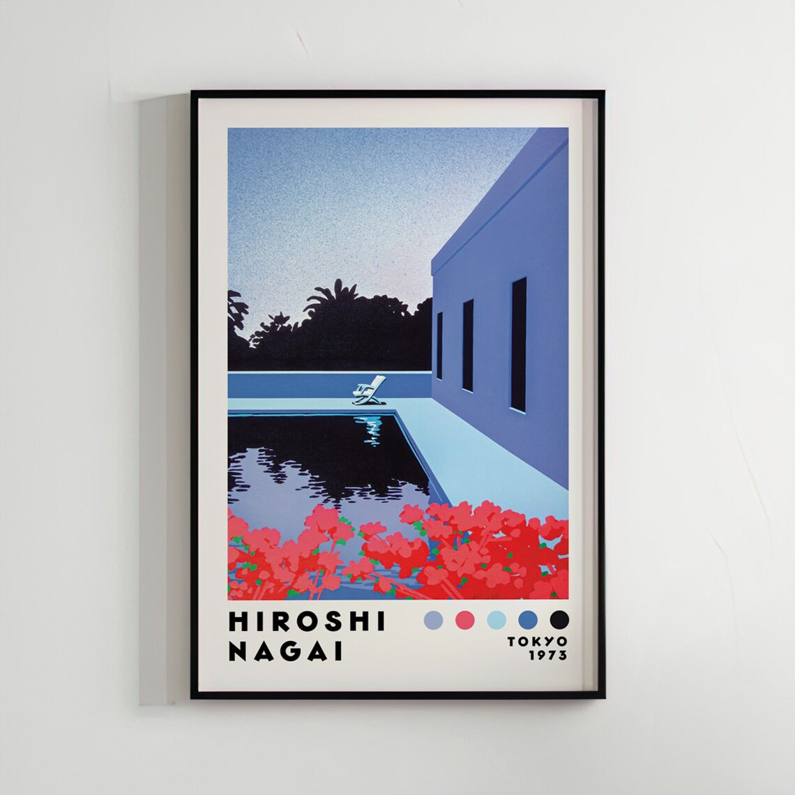 Tokyo 1973 Dusk Pool with Red Bougainvillea Hiroshi Nagai Style Poster