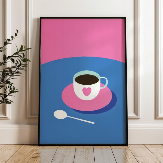 Minimal Coffee Art Print Modern Pop Poster Blue And Pink Wall Decor Playful Home