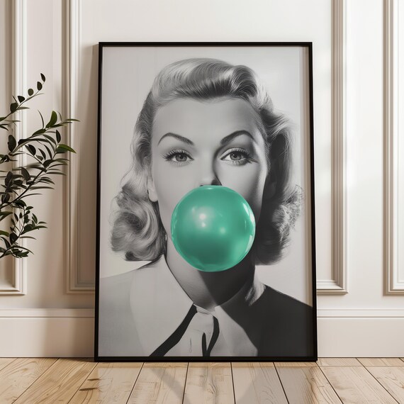 Teal Bubble Gum Pop Art Glam Woman Retro Black and White Poster