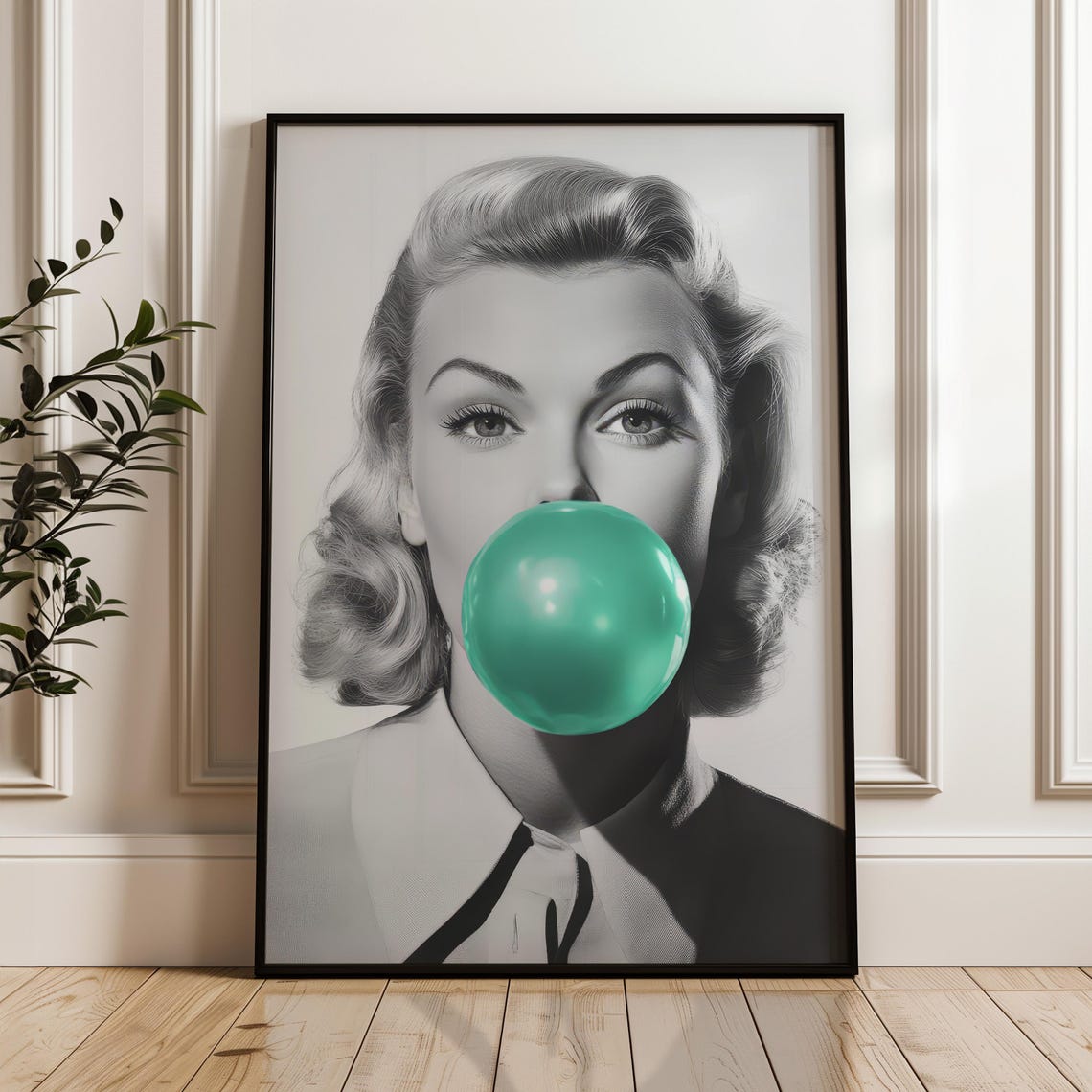 Teal Bubble Gum Pop Art Glam Woman Retro Black and White Poster