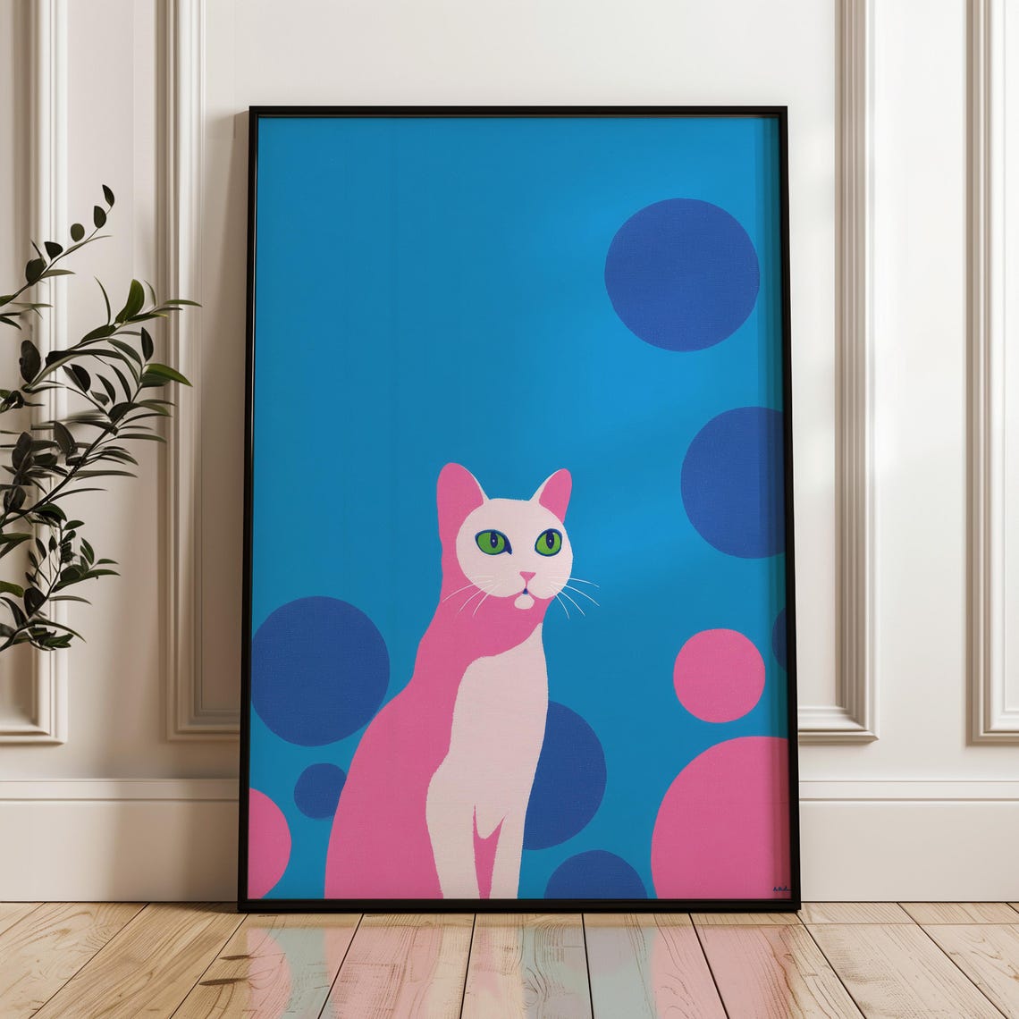 White Cat Pop Art Poster Blue Background Pink Circles Green Eyes