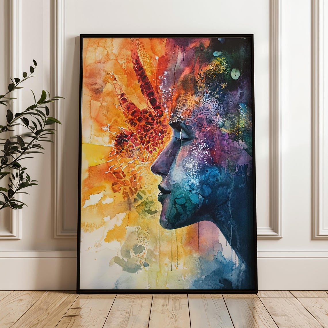 Abstract Watercolor Woman Profile with Bird Wing Fiery Color Poster