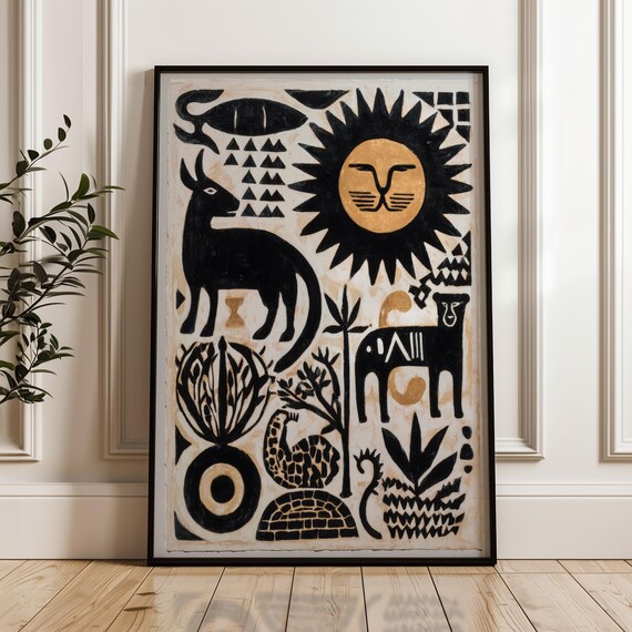 Black and Gold Tribal Animal Abstract Modern Ethnic Art Style Poster