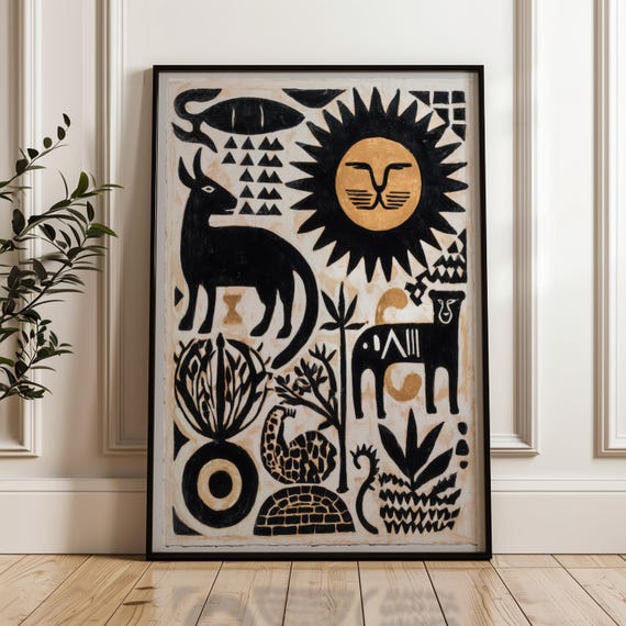 Stylized Animal Poster Black And Gold On Beige Abstract Geometric Folk Art Print