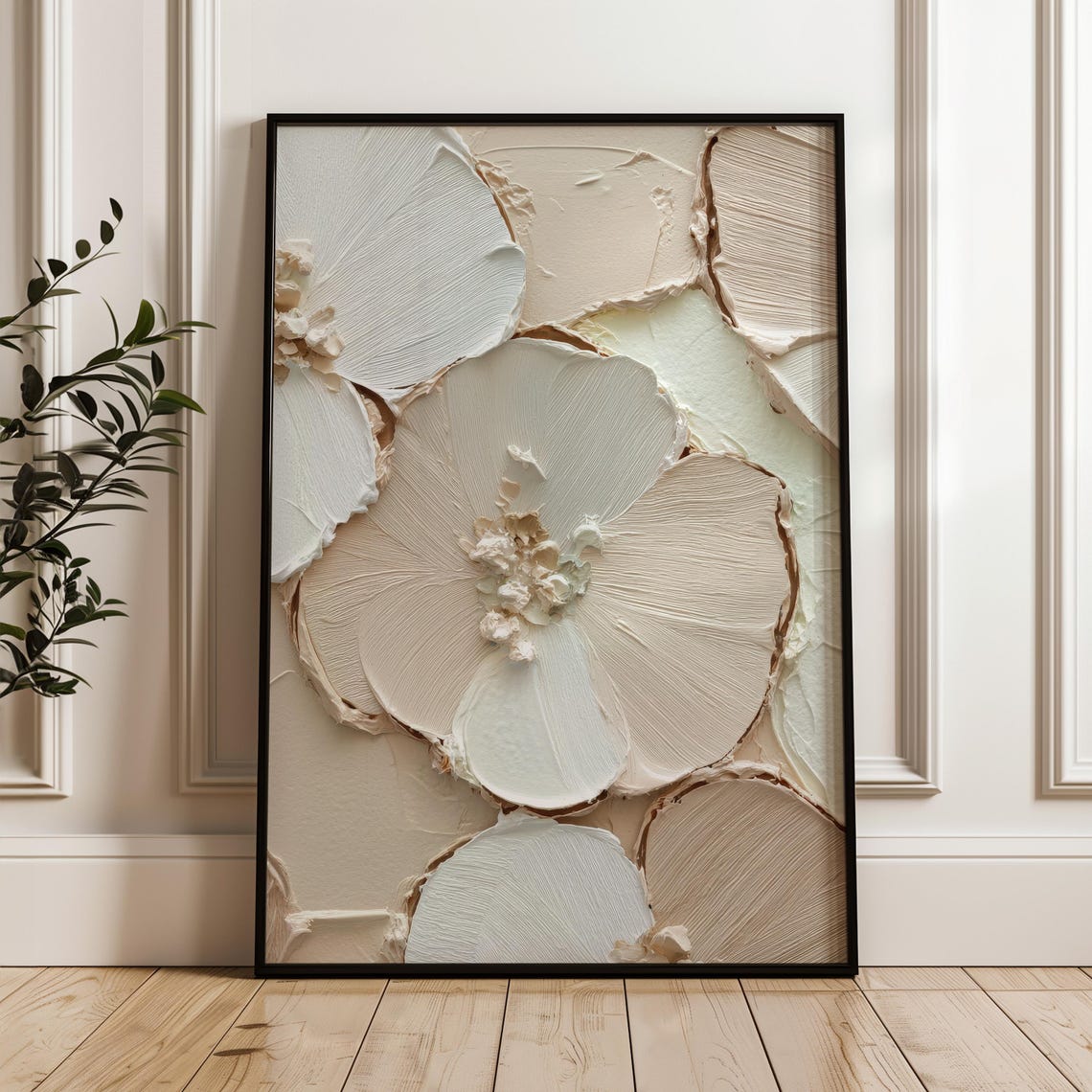 Neutral Beige Abstract Flower Palette Knife Textured Art Poster