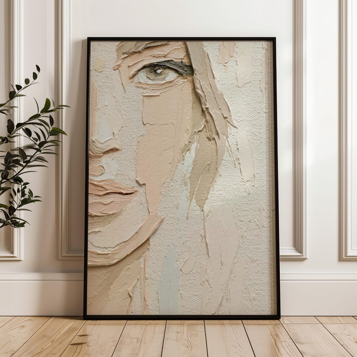 Neutral Beige Abstract Portrait Palette Knife Print Textured Face