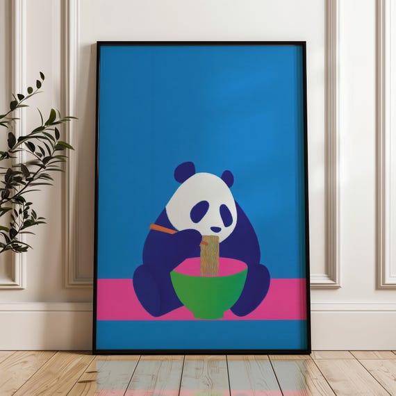 Minimal Panda Art Print Modern Pop Poster Blue And Pink Wall Decor Playful Home