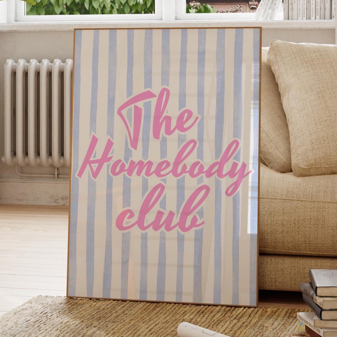 The Homebody Club Pink Script Blue Striped Introvert Dorm Poster