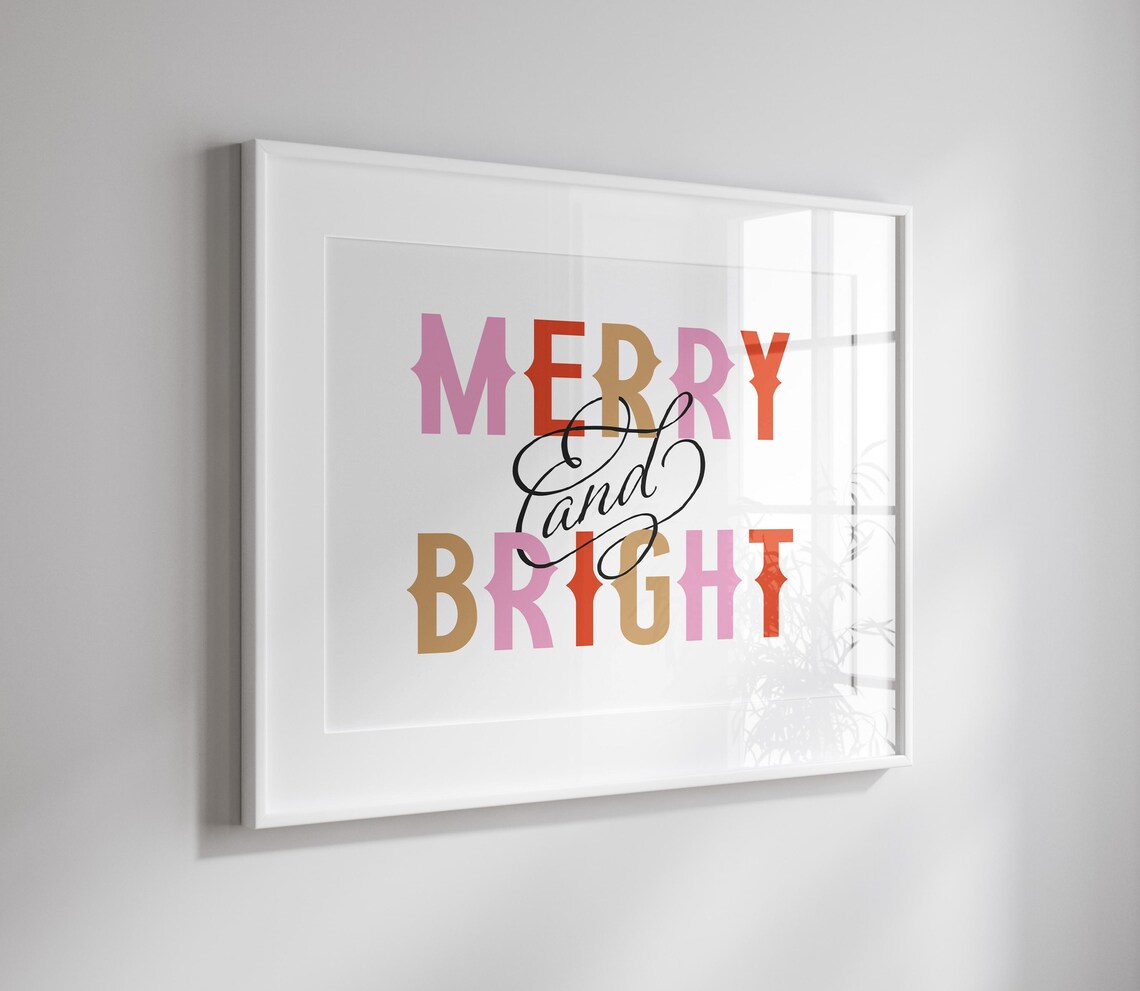 Merry and Bright Pink Red Gold Block Letter Christmas Quote Poster - Image 2