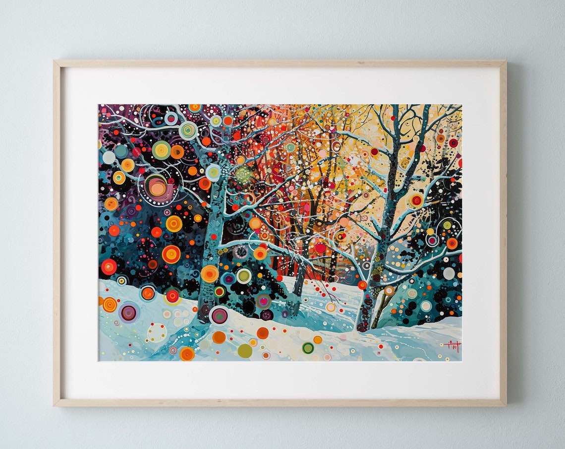 Abstract Winter Forest Landscape Print Colorful Dots and Snowy Trees