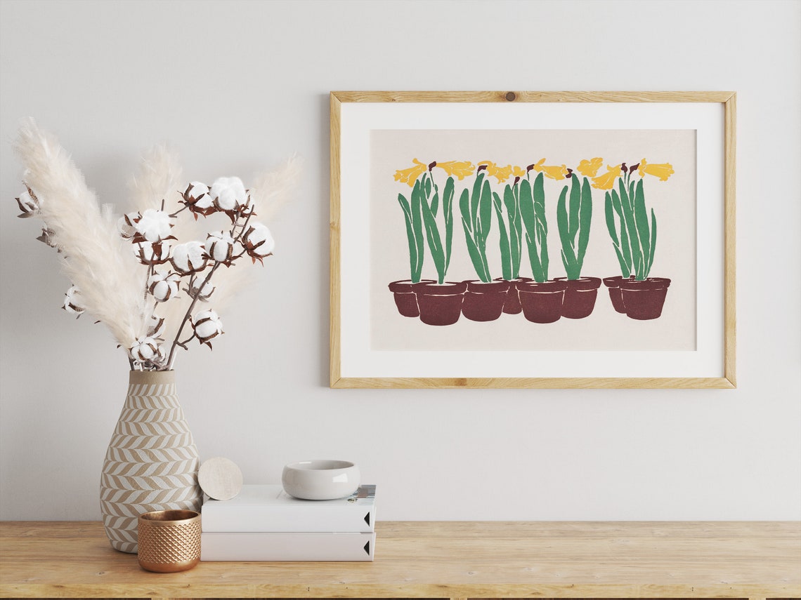 Bright Yellow Daffodils in Terracotta Pots Spring Floral Art Print - Image 2