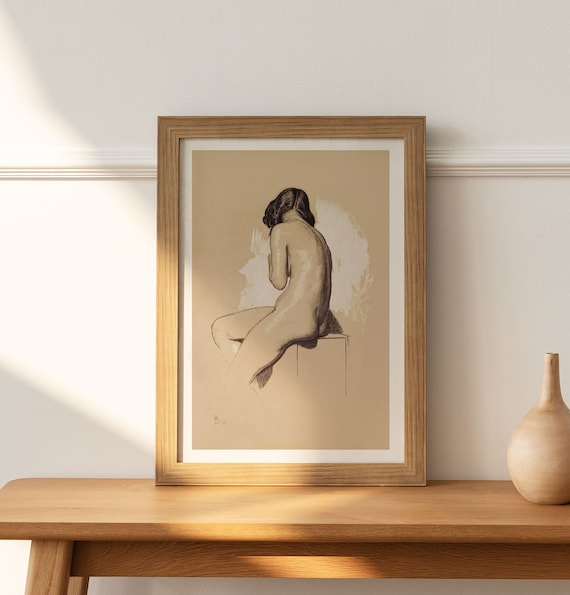 Sepia Nude Woman Seated Back View Classic Figure Study Vintage Sketch Poster